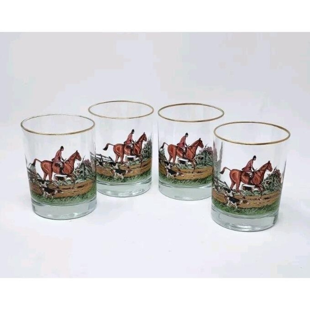 Set 4 Vtg 1940's R Kuntzsch 12oz Glasses Fox Hunt Scene Signed Equestrian Horses